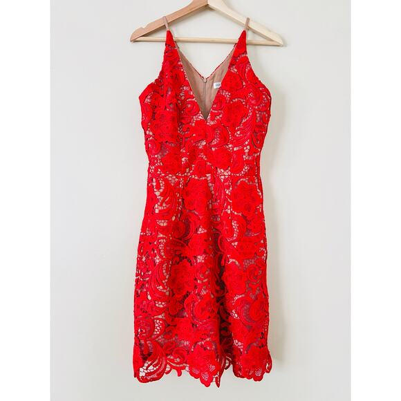 Dress the Population Women's Marie Cherry Red Lace Mini Knee Length Sheath M - Picture 2 of 6